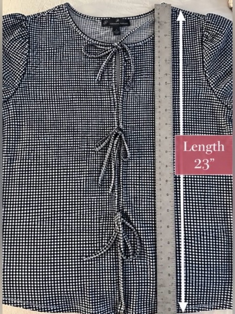 Adrianna Papell Navy Gingham Tie-Front Short Sleeve Blouse Sz L - Picture 8 of 8